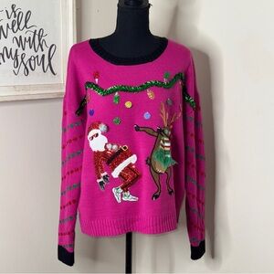 Christmas Sweater Dancing Santa and Reindeer Women’s Pink Red Size L